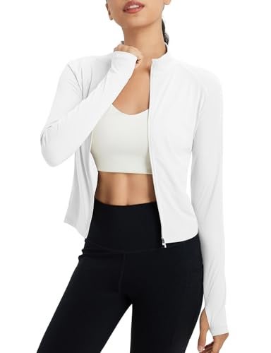 baleaf Womens UPF 50 Sun Crop Shirt with Pockets Full Zip Cooling Quick Dry Long Sleeve Jacket for Golf Hiking Ultra White S - Image 1