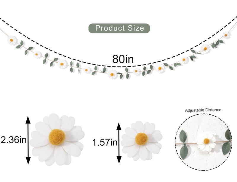 UOAOU Wool Felt Daisy Chain Banner Garland - Daisy 1st Birthday Decorations,Daisy Themed Party Decorations,Nursery Wedding Decoration,White Wool Felt Daisy Green Leaf Garland - Image 2