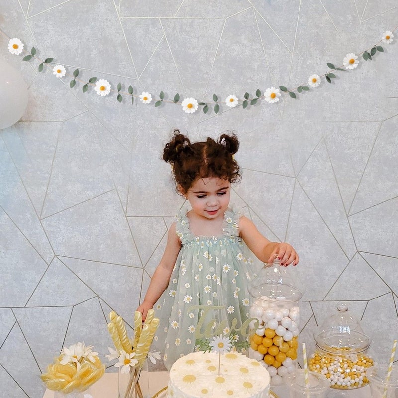 UOAOU Wool Felt Daisy Chain Banner Garland - Daisy 1st Birthday Decorations,Daisy Themed Party Decorations,Nursery Wedding Decoration,White Wool Felt Daisy Green Leaf Garland - Image 4