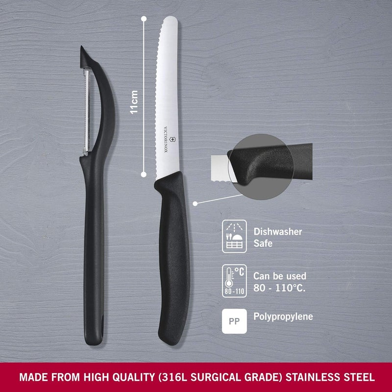 Victorinox طقم سكاكين مطبخ سويسري كلاسيكي من فيكتورينوكس مصنوع من الفولاذ المقاوم للصدأ 2 قطعة حافة متموجة 11 سم وقشارة عالمية أدوات ومستلزمات المطبخ CB7607533 - Image 2