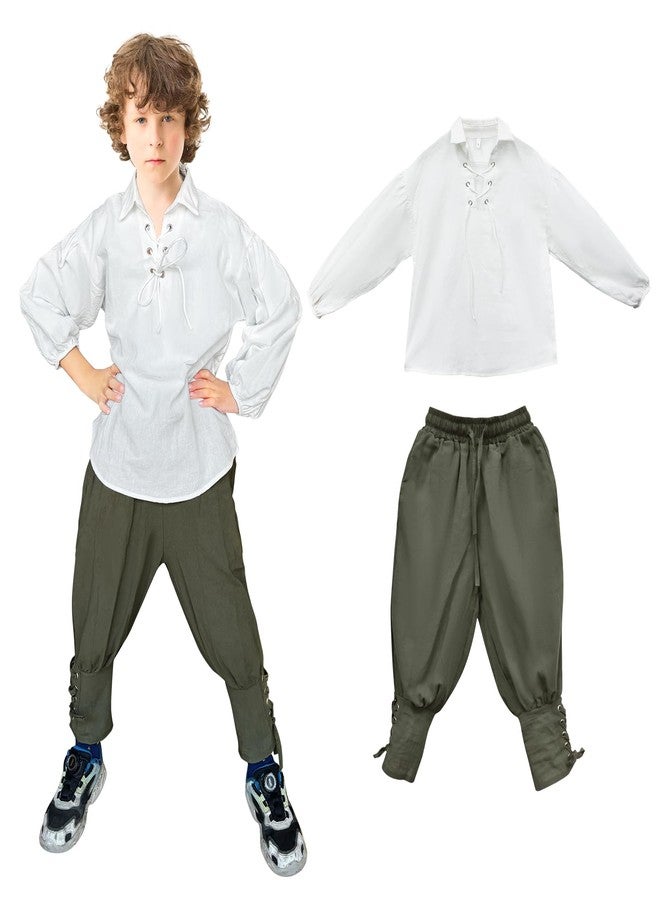 Prebene Boys Medieval Pirate Set Shirt & Ankle Pants Kids Renaissance Halloween Costume Scottish Jacobite Tops and Trousers (White+Green, 6-8T) - Image 1