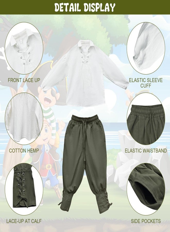 Prebene Boys Medieval Pirate Set Shirt & Ankle Pants Kids Renaissance Halloween Costume Scottish Jacobite Tops and Trousers (White+Green, 6-8T) - Image 5