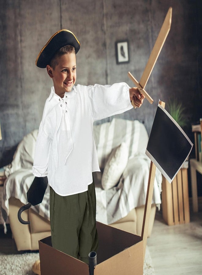 Prebene Boys Medieval Pirate Set Shirt & Ankle Pants Kids Renaissance Halloween Costume Scottish Jacobite Tops and Trousers (White+Green, 6-8T) - Image 4