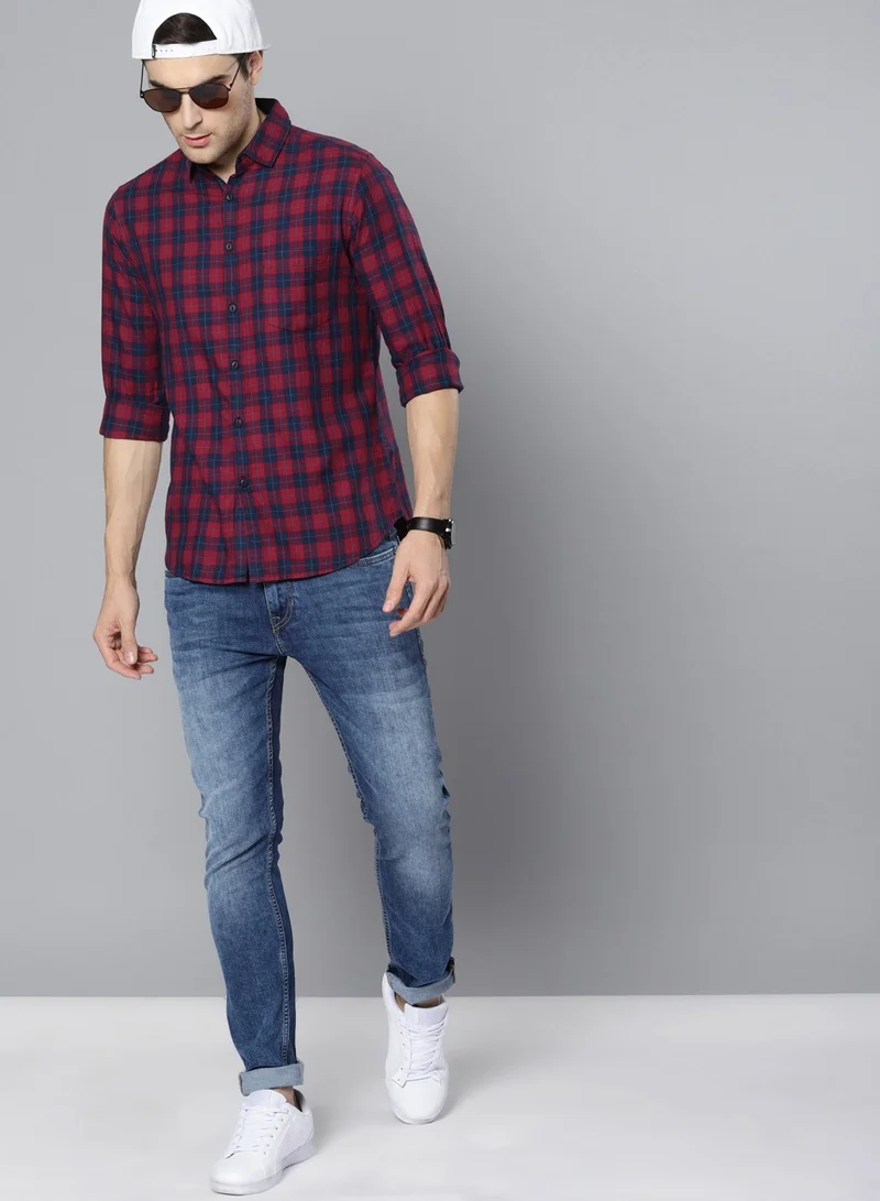 Dennis Lingo Slim Fit Red Men's Solid Shirt, Spread Collar, Full Sleeves, 100% Cotton,