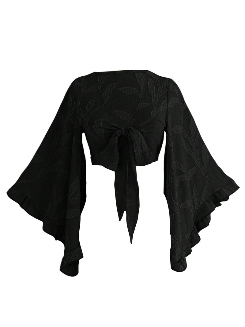 BEAUDRM Women's Boho Tops Wrap Western Country Concert 70s Outfits Tie Front Long Bell Sleeve Tops Hippie Disco Clothes Black Large - Image 1