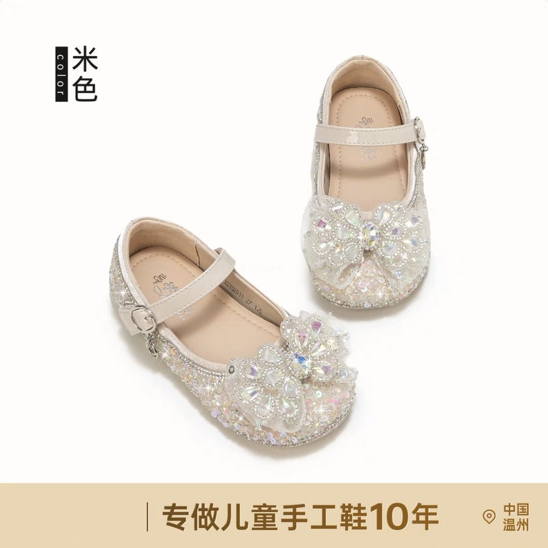 Girls Crystal Shoes Bow Princess Shoes 2025 New Spring Summer Autumn Childrens Leather Shoes Soft Sole Girl Baby Shoes Beige