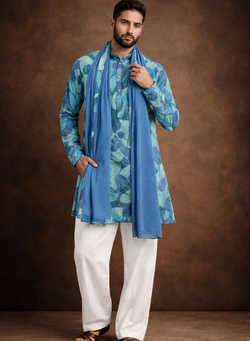 Lehar Azure Bloom Printed Kurta Set with Chiffon Dupatta