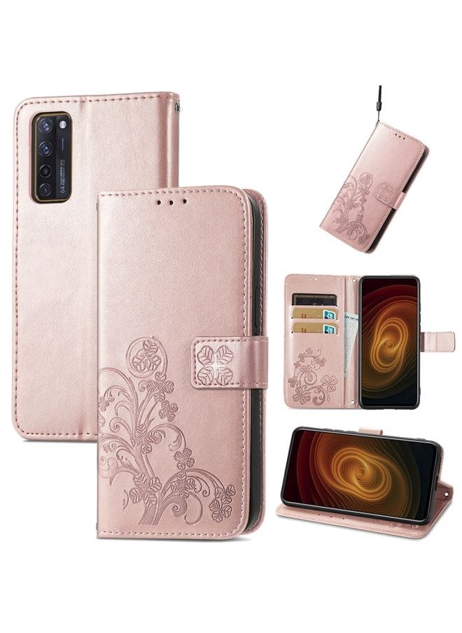 HuHa Case Cover For ZTE AXON 20 5G Four-leaf Clasp Embossed Buckle Mobile Phone Protection Leather Case with Lanyard & Card Slot & Wallet & Bracket Function(Rose Gold) 