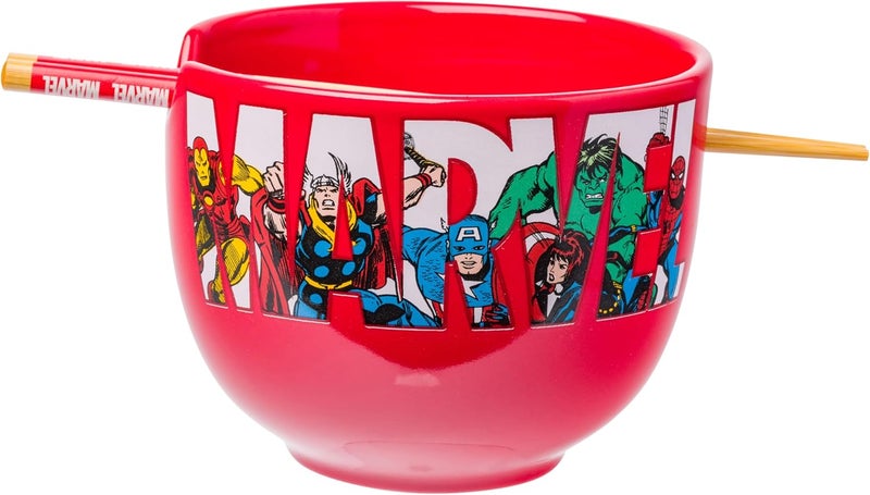 Silver Buffalo Marvel Comics Retro Characters Ceramic Ramen Bowl with Chopsticks, 20 Ounces - Image 1