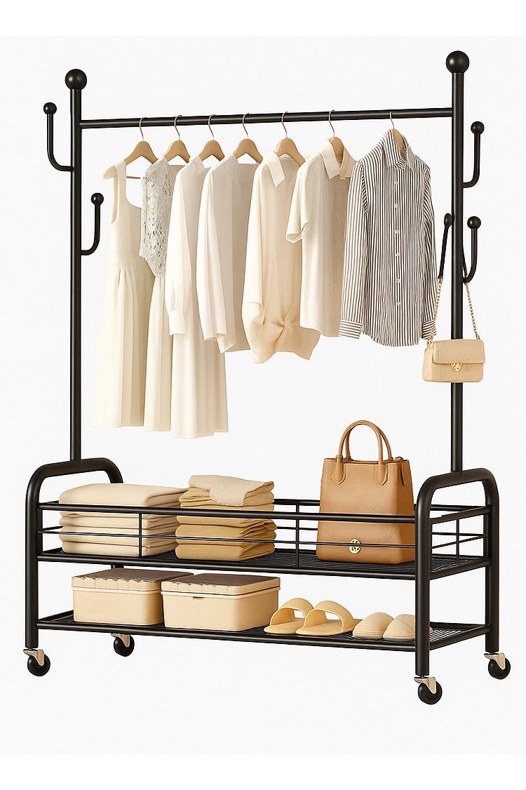 Living Black Metal Garment Rack with Double Storage Shelves and Wheels - Heavy Duty Clothes Organizer Stand for Bedroom, Boutique, or Laundry Room 
