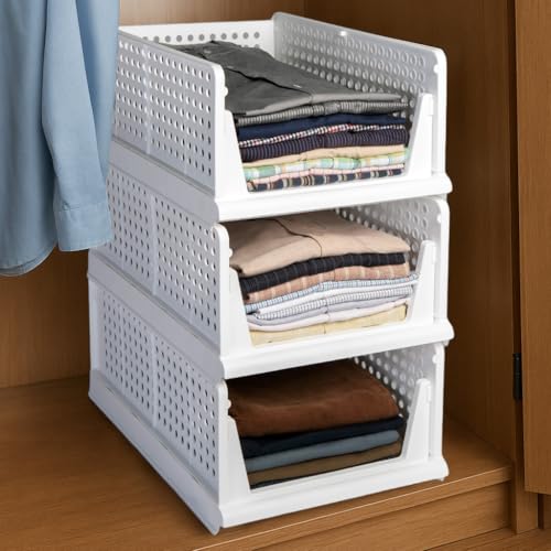 HomeStrap Set of 3, Stack it Up | Large Cloth Stacker | Foldable Shirt Storage Stacker for Wardrobe | Plastic Stackable Closet Organizer | White | 44L x 33W x 19H Centimeters - Image 1