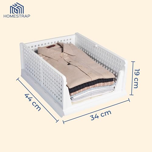 HomeStrap Set of 3, Stack it Up | Large Cloth Stacker | Foldable Shirt Storage Stacker for Wardrobe | Plastic Stackable Closet Organizer | White | 44L x 33W x 19H Centimeters - Image 2