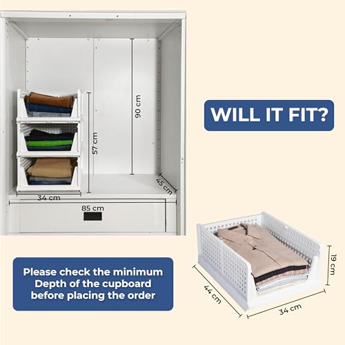 HomeStrap Set of 3, Stack it Up | Large Cloth Stacker | Foldable Shirt Storage Stacker for Wardrobe | Plastic Stackable Closet Organizer | White | 44L x 33W x 19H Centimeters - Image 3
