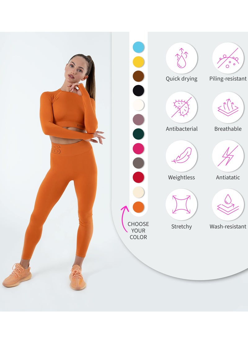 Bernessi Turkiye Nylon Long Sleeve Crop Top with Round Neck Women's Cropped T Shirt for Workout Yoga Running Exercise Textured Orange Amber  - Image 5