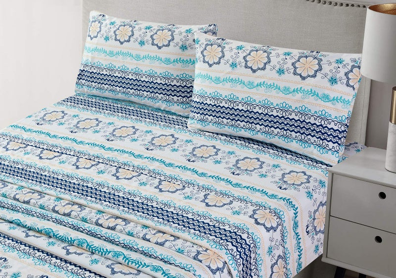 JSD Blue Boho Printed Sheet Set Full Size, 4 Piece Soft Floral Microfiber Sheets Extra Deep Pocket Wrinkle Free - Image 3