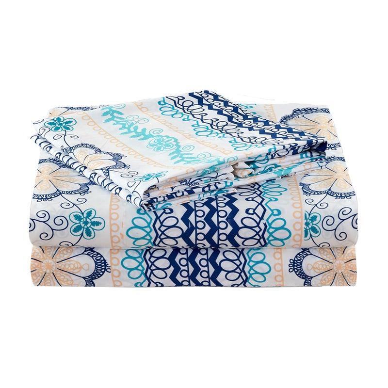 JSD Blue Boho Printed Sheet Set Full Size, 4 Piece Soft Floral Microfiber Sheets Extra Deep Pocket Wrinkle Free - Image 1