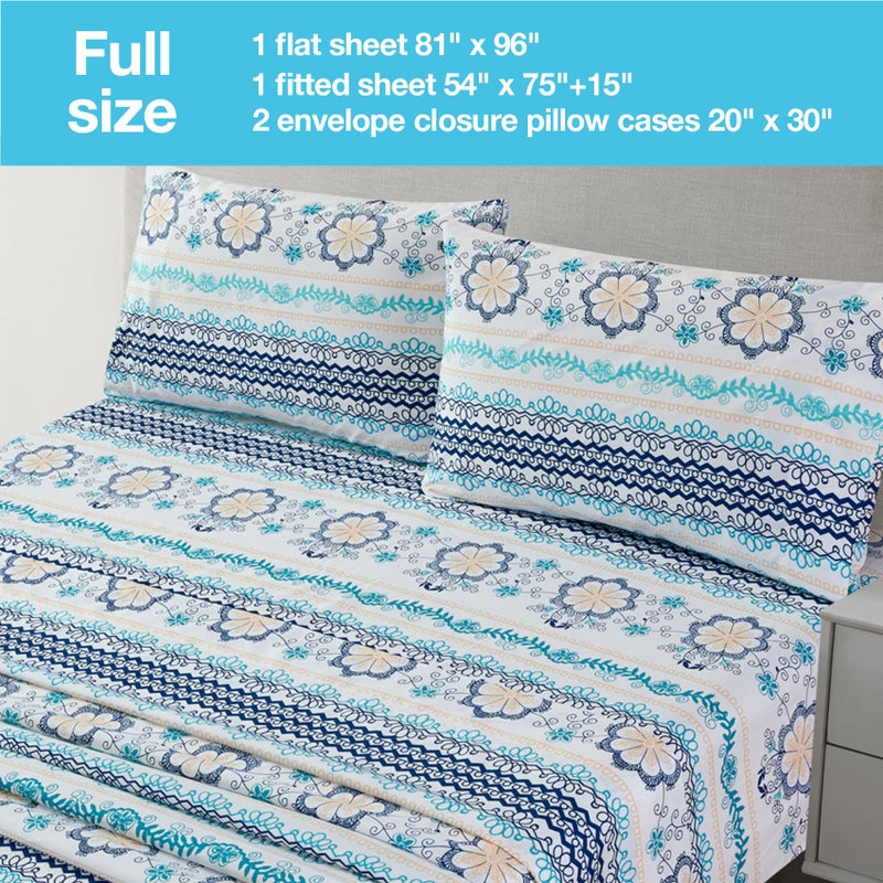JSD Blue Boho Printed Sheet Set Full Size, 4 Piece Soft Floral Microfiber Sheets Extra Deep Pocket Wrinkle Free - Image 2