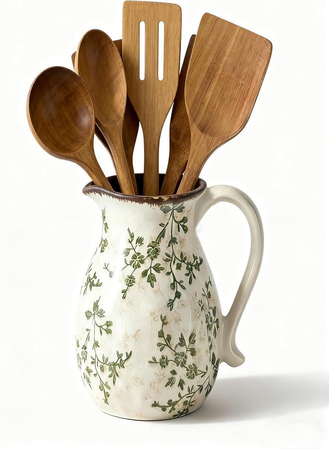 LFGKeng Rustic Ceramic Utensil Holder, 6.1"Modern Farmhouse Cooking Utensil Holder for Kitchen Counter with Handle, Kitchen Utensil Organizer Crock for Countertop Home Decor, Vintage Spoon Tray (green rattan) - Image 1