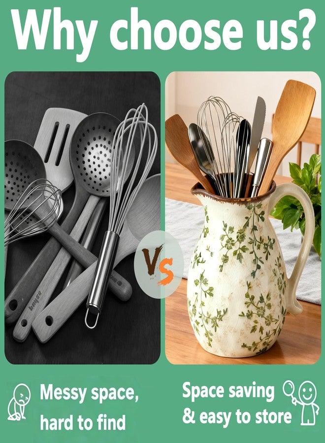 LFGKeng Rustic Ceramic Utensil Holder, 6.1"Modern Farmhouse Cooking Utensil Holder for Kitchen Counter with Handle, Kitchen Utensil Organizer Crock for Countertop Home Decor, Vintage Spoon Tray (green rattan) - Image 4