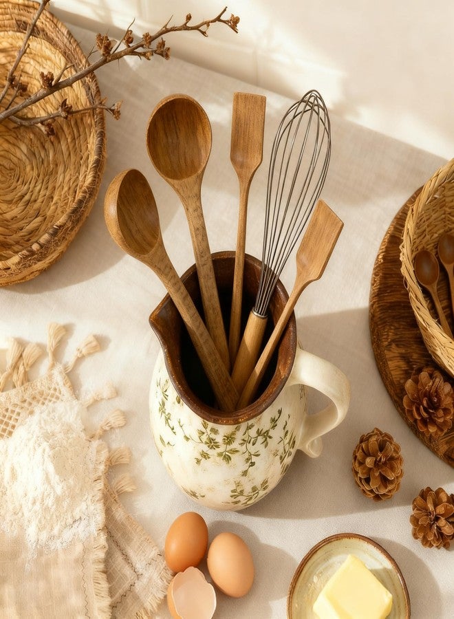 LFGKeng Rustic Ceramic Utensil Holder, 6.1"Modern Farmhouse Cooking Utensil Holder for Kitchen Counter with Handle, Kitchen Utensil Organizer Crock for Countertop Home Decor, Vintage Spoon Tray (green rattan) - Image 3