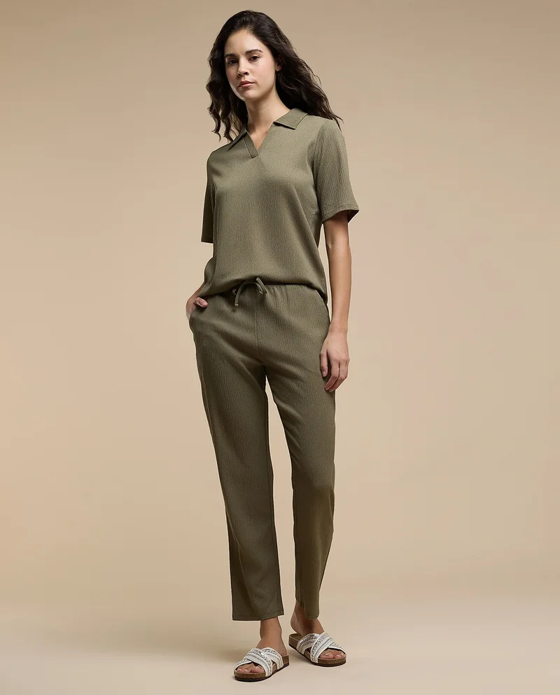 أر أند بي Textured Top With Collared Neck And Short Sleeves