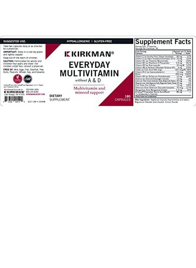 Kirkman - Everyday Multivitamin Without Vitamins A & D - 180 Capsules - Comprehensive Multivitamin - Mineral Support - Hypoallergenic - Image 2
