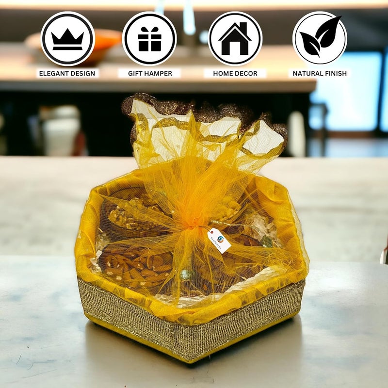 SANWALSA (Medium, 10x10x2 inch, Hexagon) MDF Base Designer Gift Hamper Packaging Baskets with Net Cover, Gift Hamper Organiser perfect for any occasion (Yellow) - Image 3