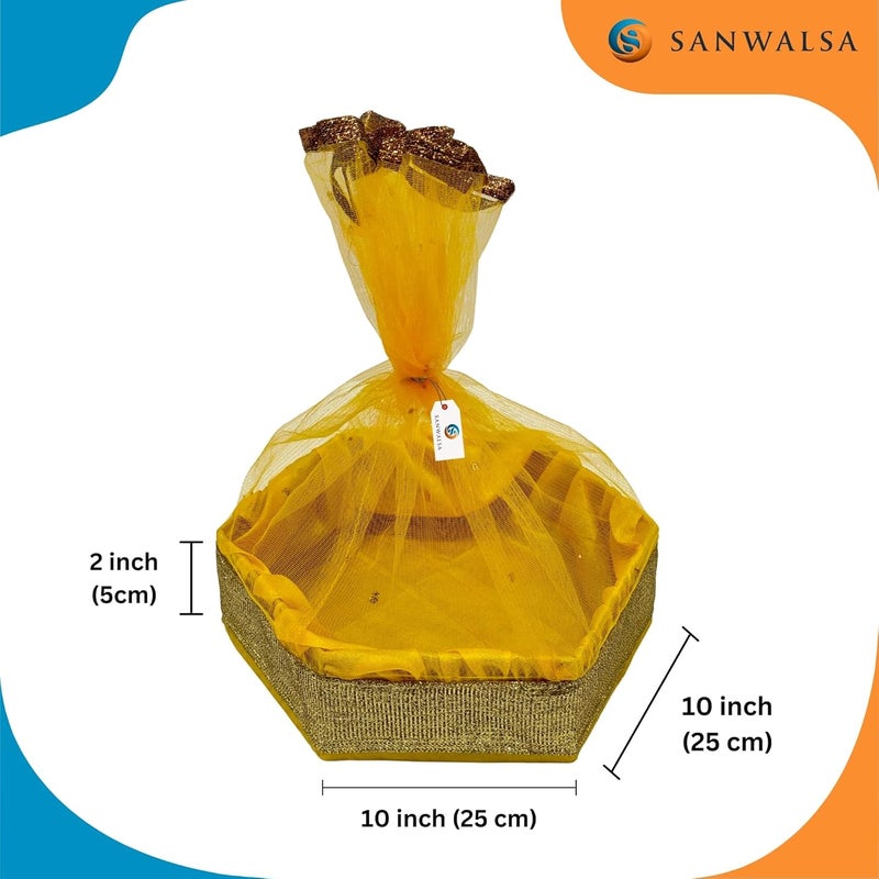 SANWALSA (Medium, 10x10x2 inch, Hexagon) MDF Base Designer Gift Hamper Packaging Baskets with Net Cover, Gift Hamper Organiser perfect for any occasion (Yellow) - Image 4