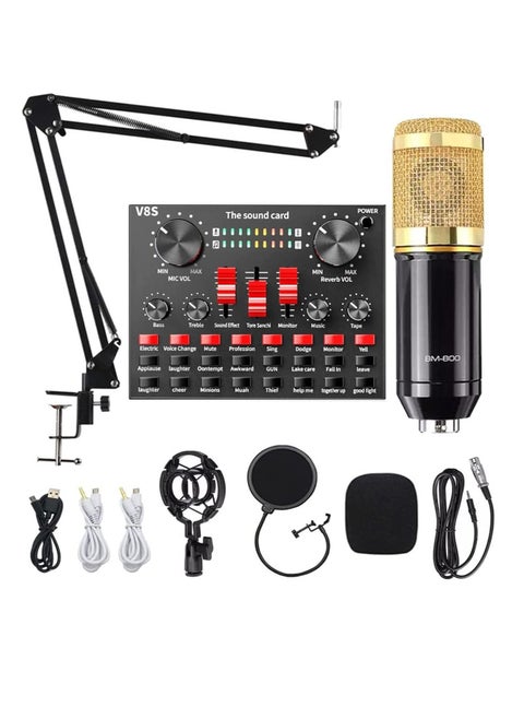 Condenser Microphone Bundle BM-800 Mic Kit with Live Sound Card, Adjustable Mic Suspension Scissor Arm, Metal Shock Mount and Double-Layer Pop Filter for Studio Recording & Broadcasting Gold