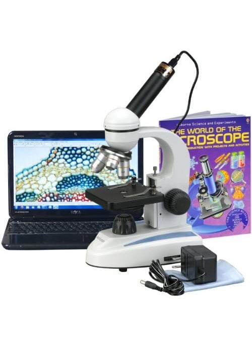 AmScope AmScope M149CWME Digital Compound Monocular Microscope WF10x and WF25x Eyepieces 40x1000x Magnification LED Illumination Brightfield SingleLens Condenser Plain Stage 110V or BatteryPowered HeavyDuty Metal Frame Includes Book 03MP Camera and Software  - Image 1