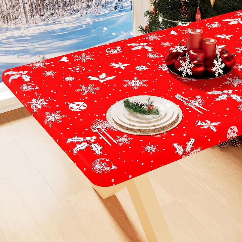 smiry Plastic Christmas Tablecloth, Snowflake Waterproof Elastic Fitted Table Cover, Wipeable Flannel Backed Vinyl Tablecloth for Christmas Dinner, and New Year Celebration (White & Red, 30x96 Inches) - Image 1