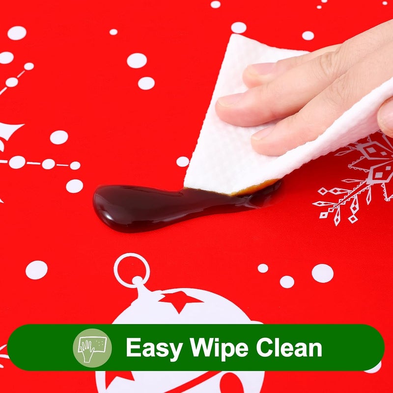 smiry Plastic Christmas Tablecloth, Snowflake Waterproof Elastic Fitted Table Cover, Wipeable Flannel Backed Vinyl Tablecloth for Christmas Dinner, and New Year Celebration (White & Red, 30x96 Inches) - Image 4