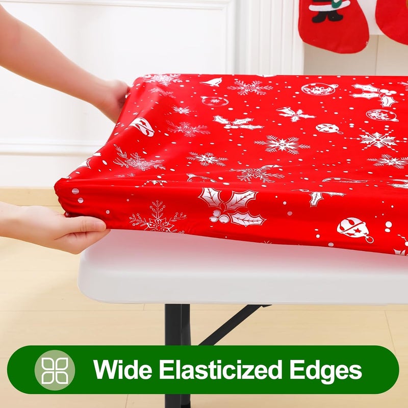 smiry Plastic Christmas Tablecloth, Snowflake Waterproof Elastic Fitted Table Cover, Wipeable Flannel Backed Vinyl Tablecloth for Christmas Dinner, and New Year Celebration (White & Red, 30x96 Inches) - Image 2