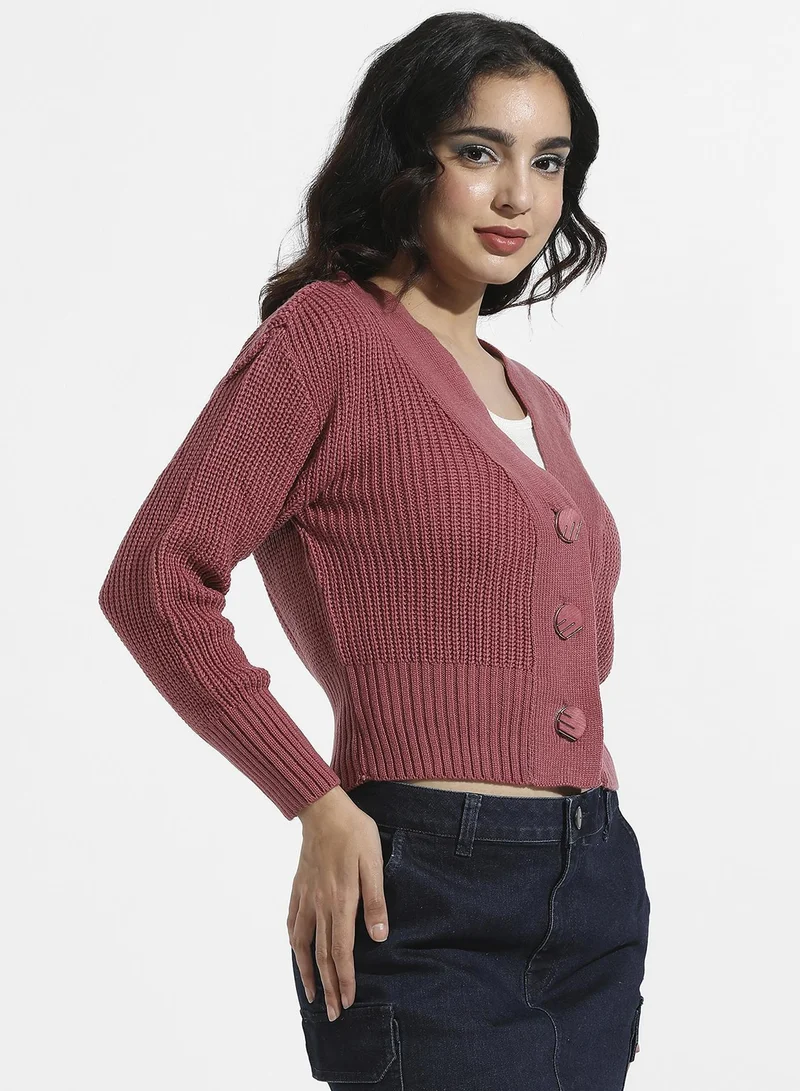 Pinacolada  Women's Blush Pink Solid Ribbed Cropped Cardigan for Women | Best Price UAE