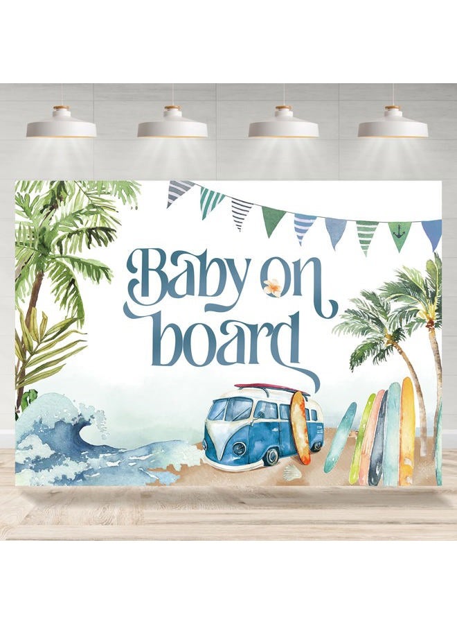 Rsuuinu Baby on Board Backdrop Baby Shower Summer Beach Surfboard Photography Background Surfing Boy Baby Shower Party Decorations Cake Table Banner Supplies Photo Booth Studio Props 7x5ft - Image 1
