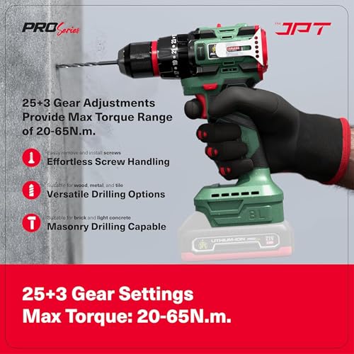 JPT New Pro Series Brushless 21-Volt Cordless Impact Drill Machine With Tool Bag,1700 RPM Speed,25+3 Gears,2 Speed Modes,3/8-Inch Metal Keyless Chuck (Battery & Charger Not Included), Multicolour - Image 4