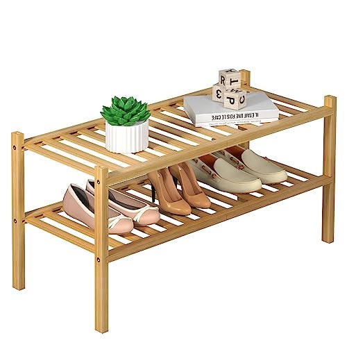 ROMGUAR CRAFT 2 Tier Bamboo Shoe Rack for Closet Free Standing Wood Shoe Shelf for Entryway Small Space Stackable 27"x11"x13" (Natural) - Image 1