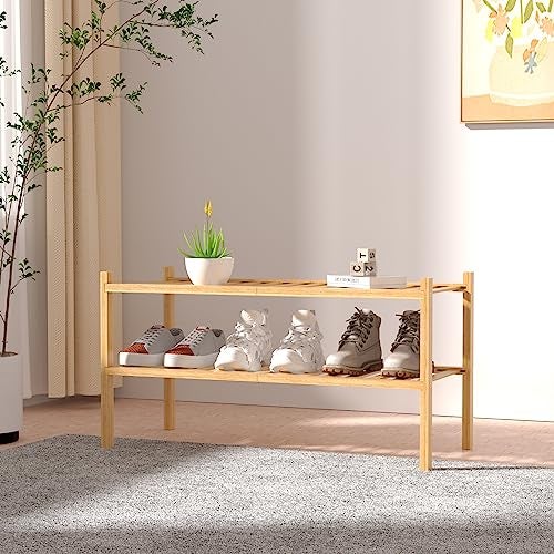 ROMGUAR CRAFT 2 Tier Bamboo Shoe Rack for Closet Free Standing Wood Shoe Shelf for Entryway Small Space Stackable 27"x11"x13" (Natural) - Image 2