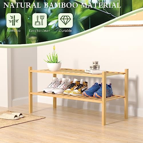ROMGUAR CRAFT 2 Tier Bamboo Shoe Rack for Closet Free Standing Wood Shoe Shelf for Entryway Small Space Stackable 27"x11"x13" (Natural) - Image 5