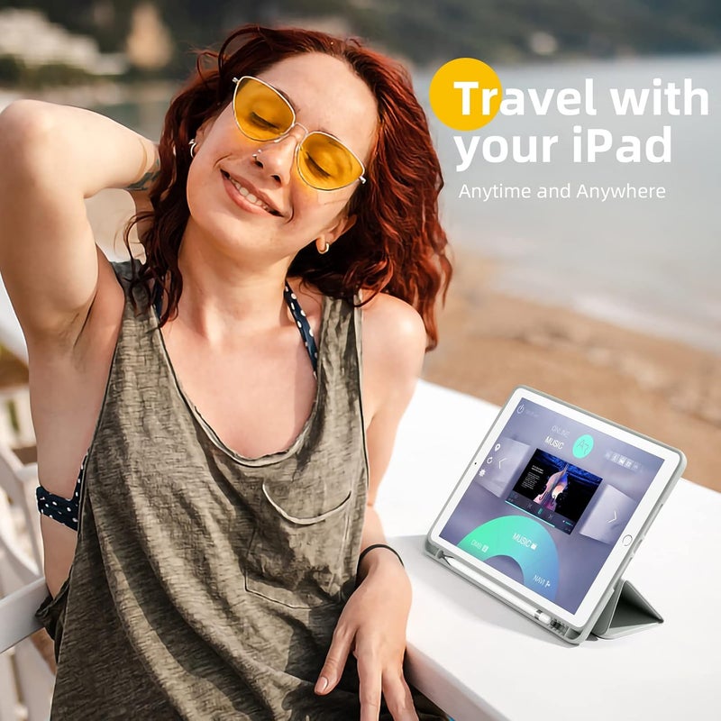 Akkerds Case Compatible with iPad 10.2 Inch 2021/2020/2019, for iPad 9th/8th/7th Generation Case with Pencil Holder, Protective Case with Soft TPU Back, Auto Sleep/Wake Cover, Light Grey - Image 2