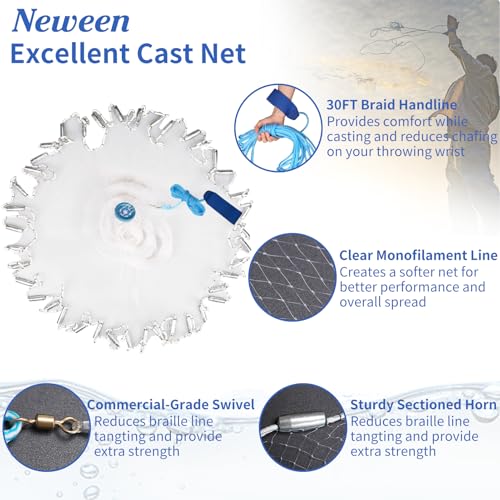 Neween Cast Net, American Saltwater Cast Nets for Fishing, 3ft-10ft Radius Casting Net for Bait Fish, 3/8 Inch Professional Grade Monofilament Throw Nets for Fishing Bait with Heavy Duty Sinker - Image 3