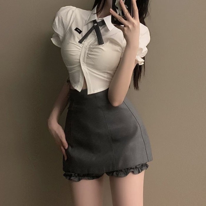 Uniform suit Women 2024 Summer New Pure Desire Style Spice Girls White Shirt Skirt Two-piece Slim New Style White top gray skirt