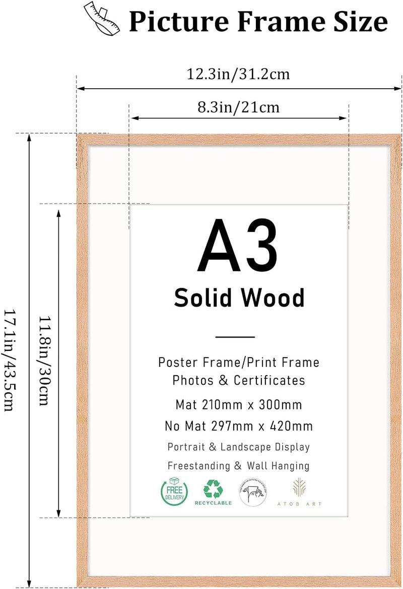 ATOBART A3 Solid Oak Frame, Picture Frame in Brown, 29.7x42cm, 2 Frames per Pack - Image 2