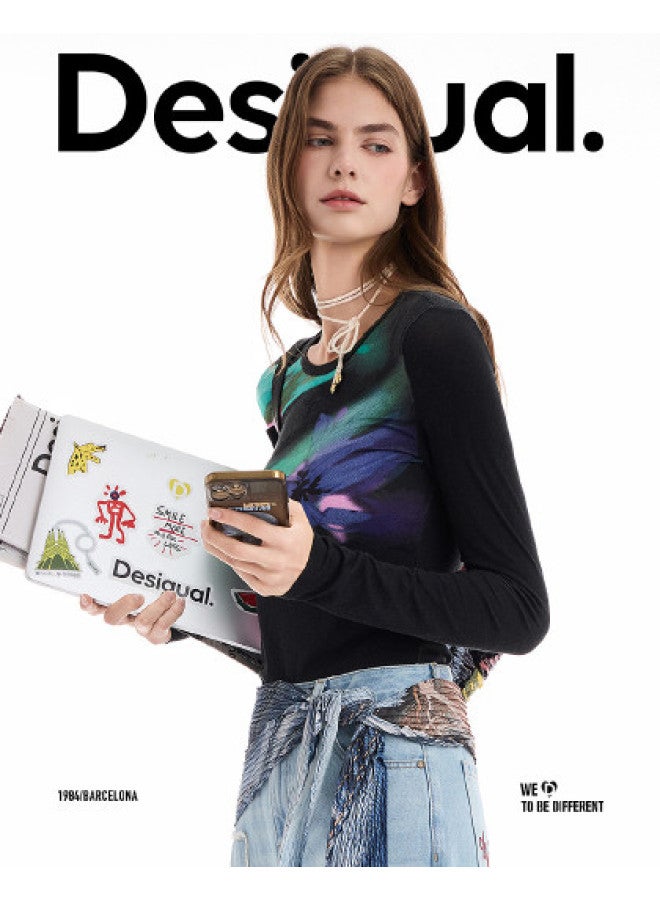 DESIGUAL 25 Autumn/Winter New Stretch Meteor Floral Print Long Sleeve Women'S T-Shirt - Image 1