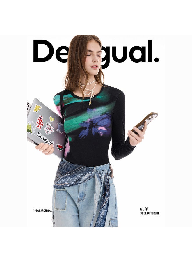 DESIGUAL 25 Autumn/Winter New Stretch Meteor Floral Print Long Sleeve Women'S T-Shirt - Image 5