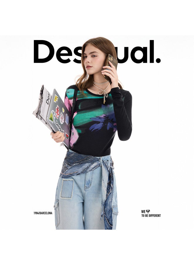 DESIGUAL 25 Autumn/Winter New Stretch Meteor Floral Print Long Sleeve Women'S T-Shirt - Image 4