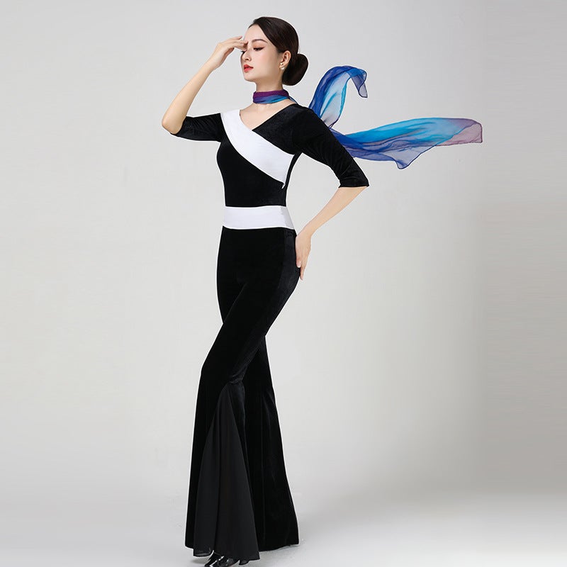 Body Etiquette Training Clothing Elegant Square Dance Suit Training Clothing Adult Body Training Dance Clothing Gold Velvet - Image 1