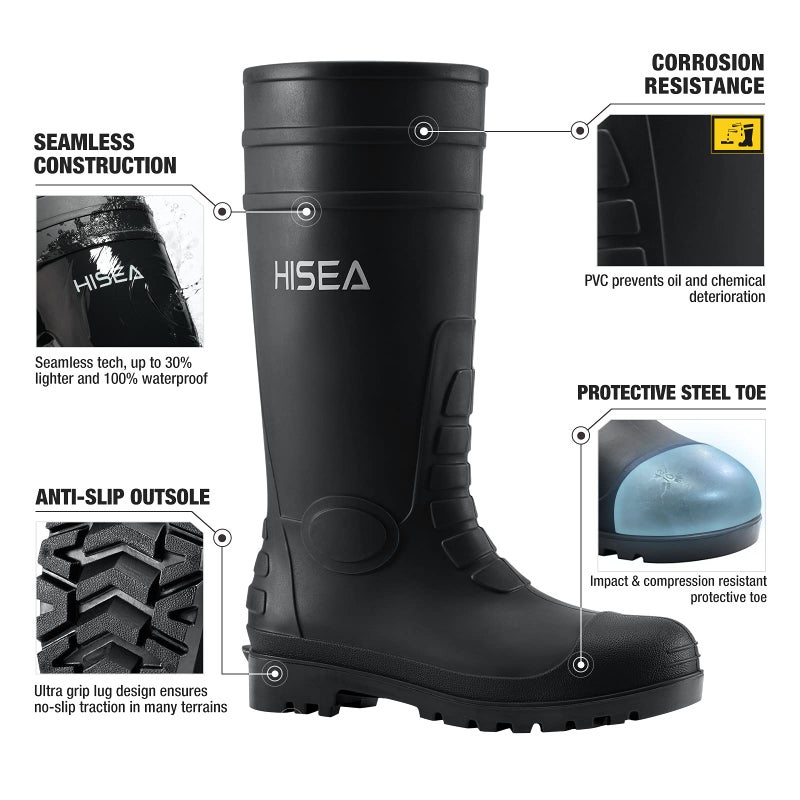 HISEA Men's Steel Toe Work Boots PVC Rain Boots, Rubber Garden Fishing Boots for Men, Waterproof and Slip Resistant Knee Boots for Agriculture and Industrial Working Size 11 Black - Image 4