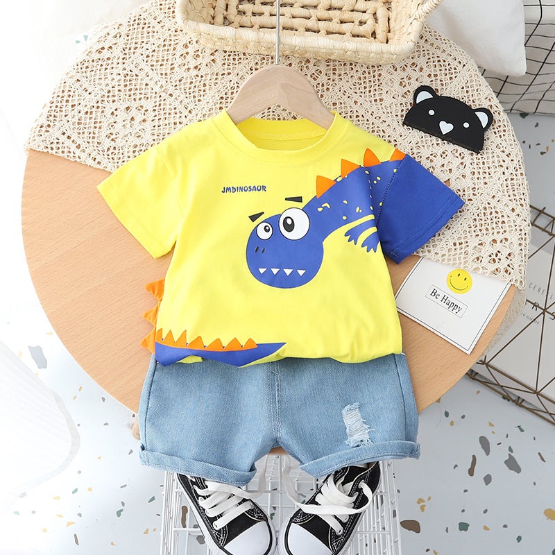 Korean Style New Summer Childrens Wear Big Dinosaur Mens and Womens Short-sleeved Two-piece Summer Wear Foreign Trade Set for 0-5 Years Old Yellow 