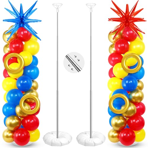 Sosation 2 Set Red Blue Yellow Balloon Column Stand Kit with 2 Explosion Star Foil Balloons 90 Latex Balloon 6 Gold Ring Foil Balloons Adjustable Stands for Video Game Birthday Carnival Party - Image 1
